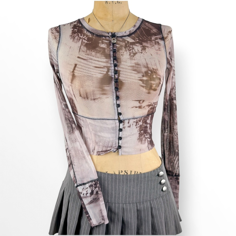 Y2K Mesh Sheer Top Button Up Cropped Slim Fit Grunge Cyber Goth Size XS - Picture 7 of 8